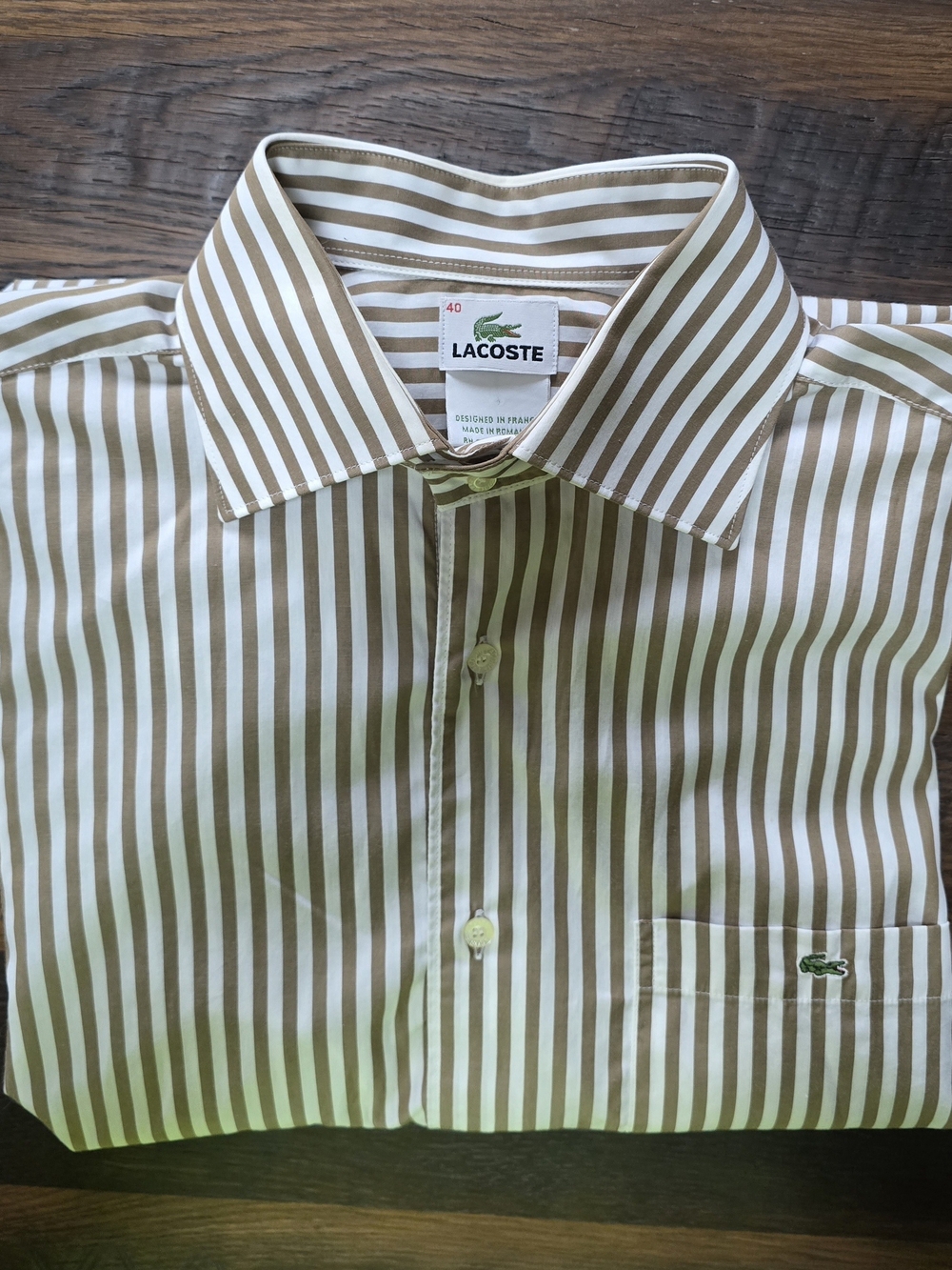 LACOSTE MEN'S COTTON DRESS SHIRT 40 BROWN & WHITE STRIPE COTTON OXFORD Embr Logo